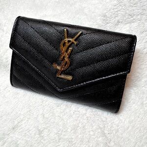 Yves Saint Laurent Black Cassandre Matelassé Small Envelope Wallet in Lambskin
